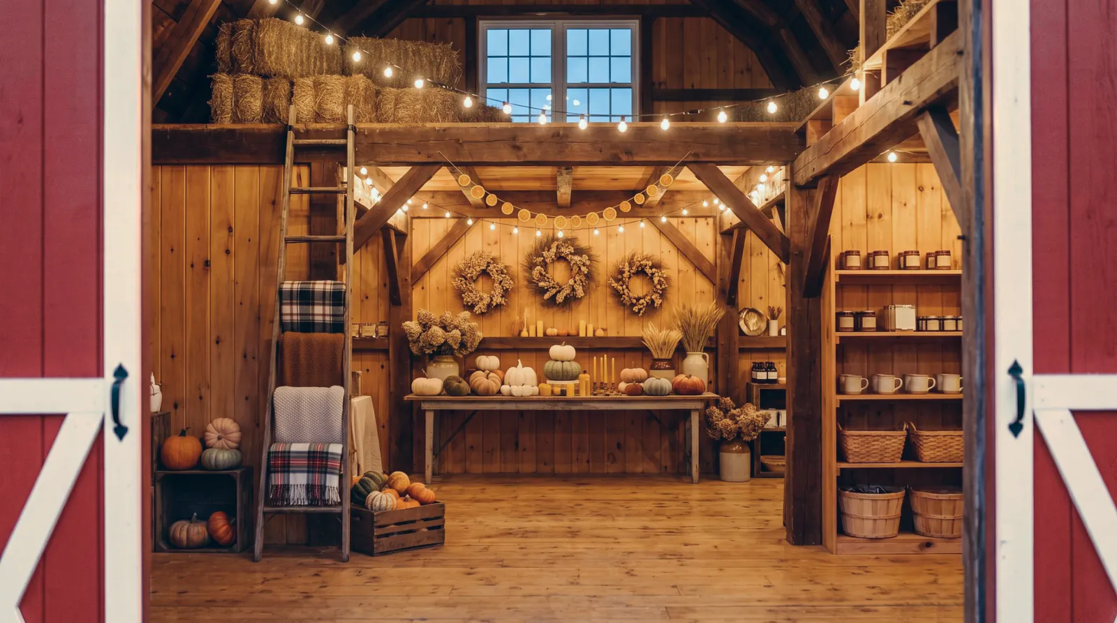 Inside the barn: hay bales up in the loft, wreaths on the plank wall, a long table of pumpkins, shelves of jars and baskets, string lights across the beams.
