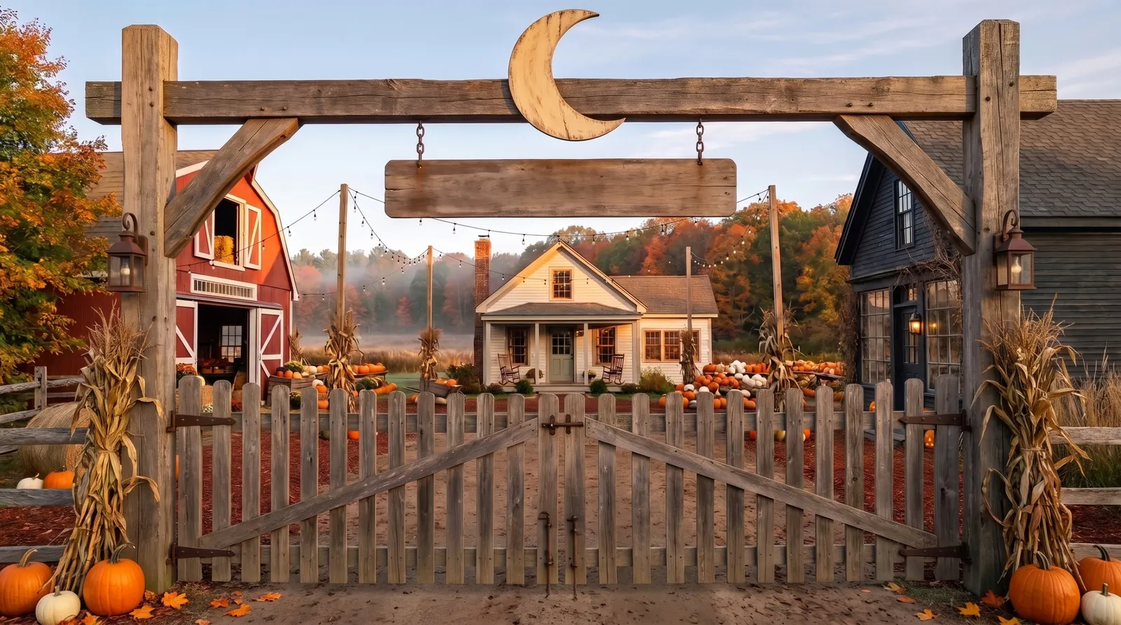 An old wooden gate with a crescent moon on the crossbeam. Behind it, a red barn, a cream café and a dark gray shop stand around a square full of pumpkins.